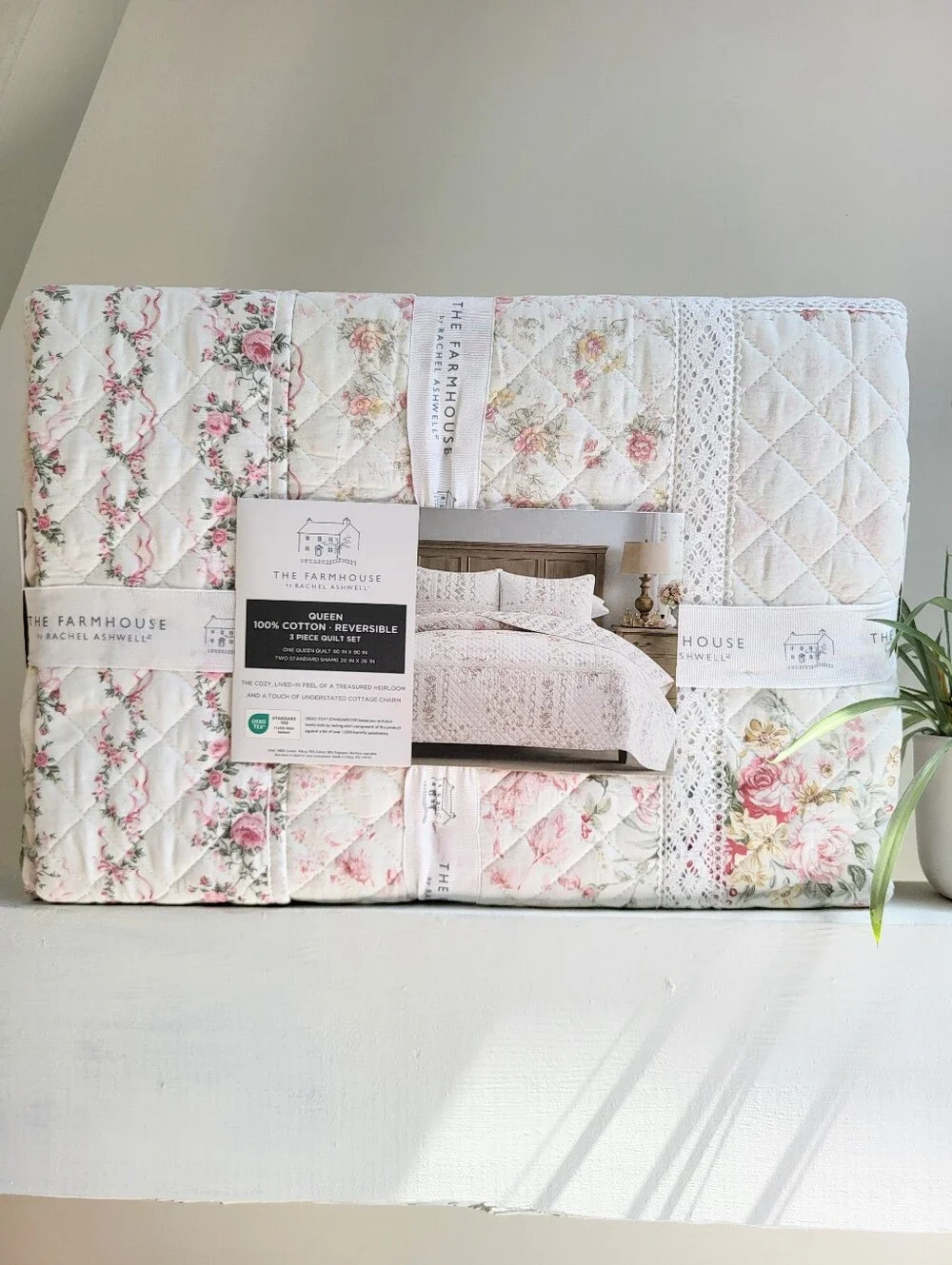 The Farmhouse by Rachel Ashwell QUEEN 3pc Ribbon Quilt Set Cottagecore Pink